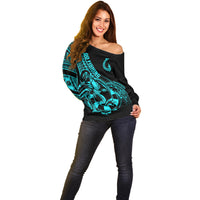 Polynesia Off Shoulder Sweater Fish Hook Tattoo Go Fishing Polynesian Pattern Turquosie - Wonder Print Shop