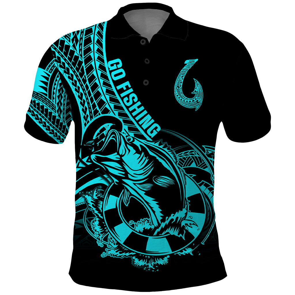 Polynesia Polo Shirt Fish Hook Tattoo Go Fishing Polynesian Pattern Turquosie - Wonder Print Shop
