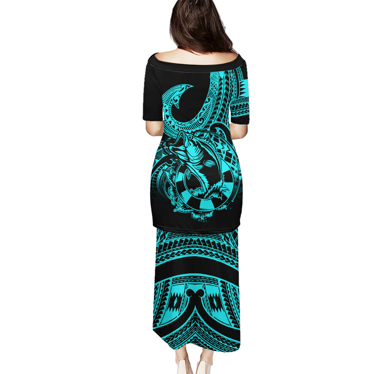 Polynesia Puletasi Fish Hook Tattoo Go Fishing Polynesian Pattern Turquosie - Wonder Print Shop