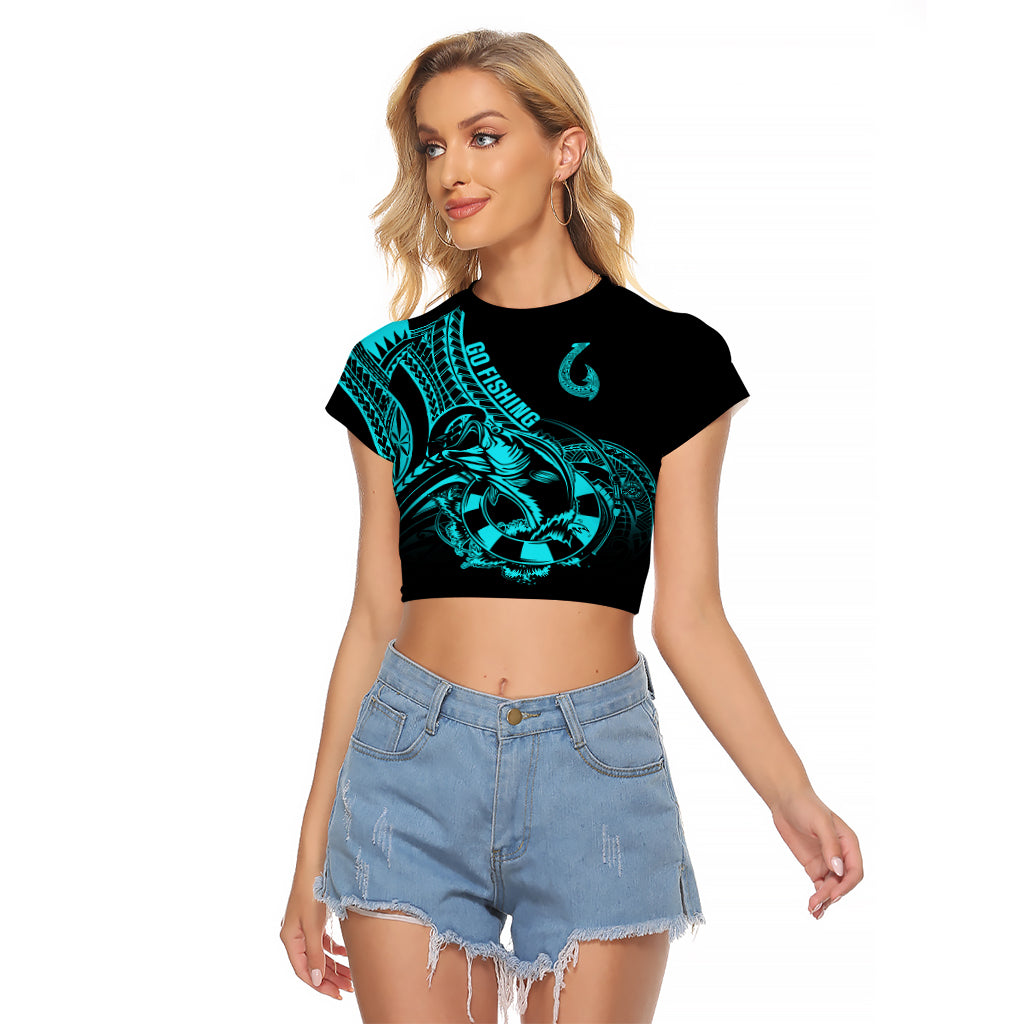 Polynesia Raglan Cropped T Shirt Fish Hook Tattoo Go Fishing Polynesian Pattern Turquosie - Wonder Print Shop