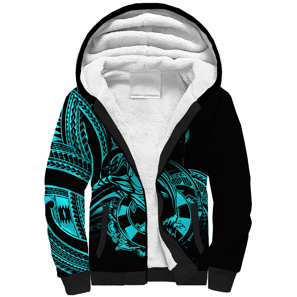 Polynesia Sherpa Hoodie Fish Hook Tattoo Go Fishing Polynesian Pattern Turquosie - Wonder Print Shop