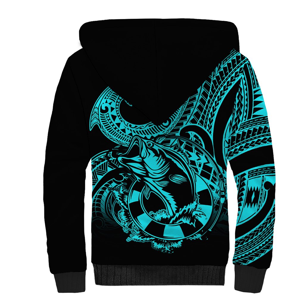 Polynesia Sherpa Hoodie Fish Hook Tattoo Go Fishing Polynesian Pattern Turquosie - Wonder Print Shop