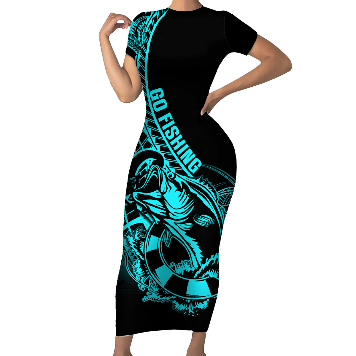 Polynesia Short Sleeve Bodycon Dress Fish Hook Tattoo Go Fishing Polynesian Pattern Turquosie - Wonder Print Shop