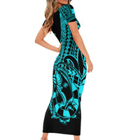 Polynesia Short Sleeve Bodycon Dress Fish Hook Tattoo Go Fishing Polynesian Pattern Turquosie - Wonder Print Shop