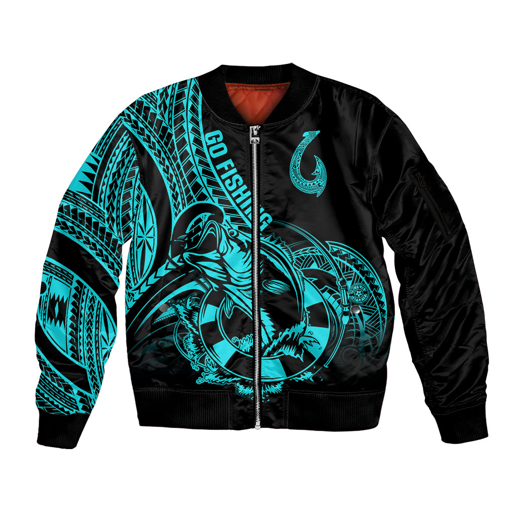 Polynesia Sleeve Zip Bomber Jacket Fish Hook Tattoo Go Fishing Polynesian Pattern Turquosie - Wonder Print Shop