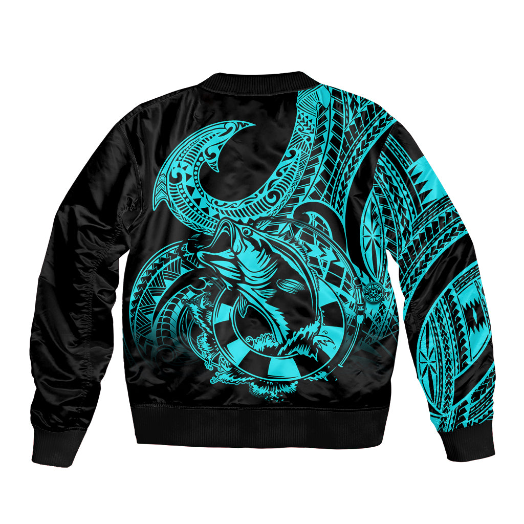Polynesia Sleeve Zip Bomber Jacket Fish Hook Tattoo Go Fishing Polynesian Pattern Turquosie - Wonder Print Shop