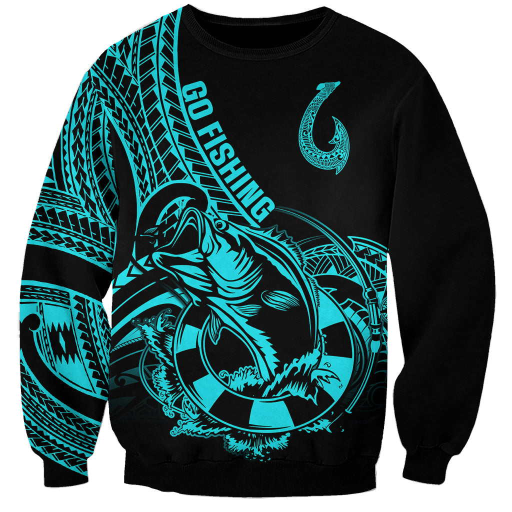 Polynesia Sweatshirt Fish Hook Tattoo Go Fishing Polynesian Pattern Turquosie - Wonder Print Shop