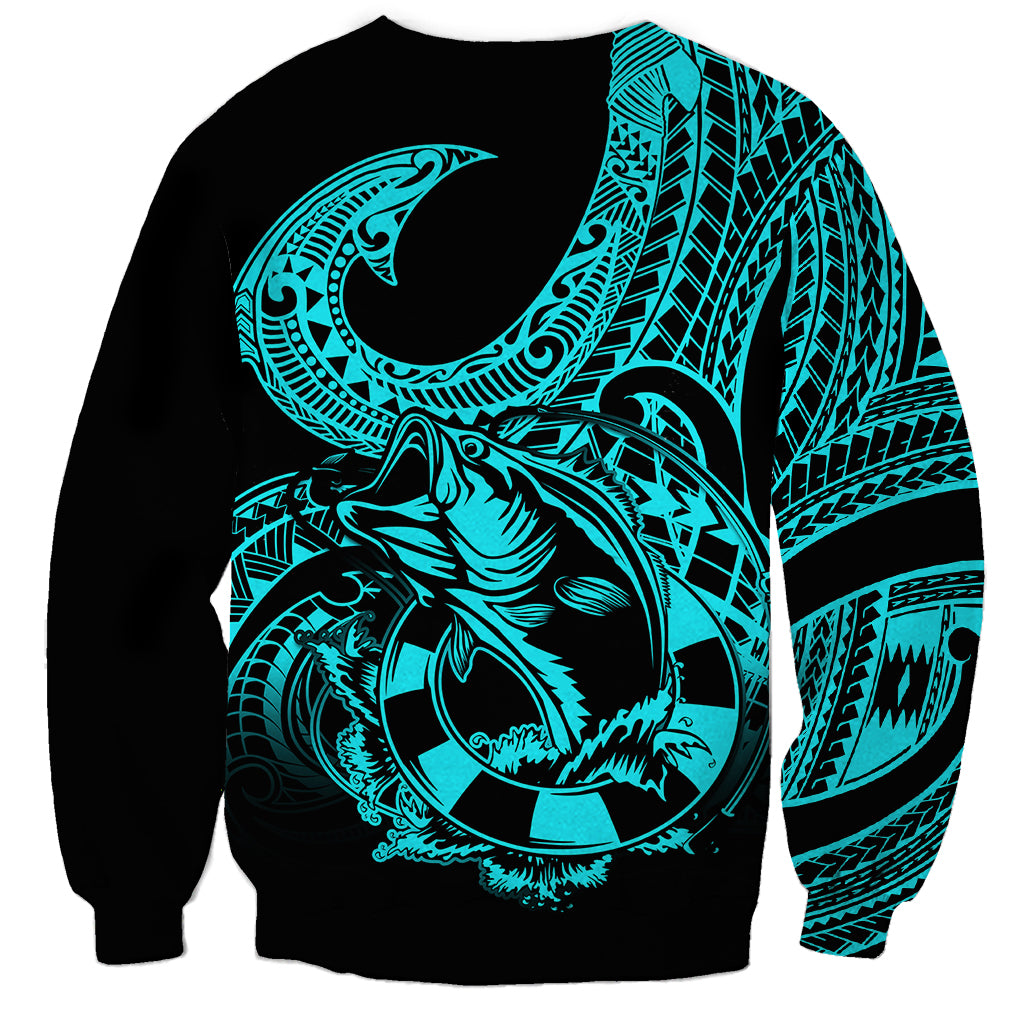Polynesia Sweatshirt Fish Hook Tattoo Go Fishing Polynesian Pattern Turquosie - Wonder Print Shop
