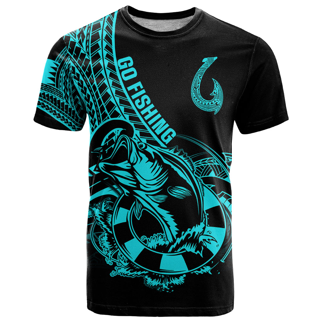 Polynesia T Shirt Fish Hook Tattoo Go Fishing Polynesian Pattern Turquosie - Wonder Print Shop