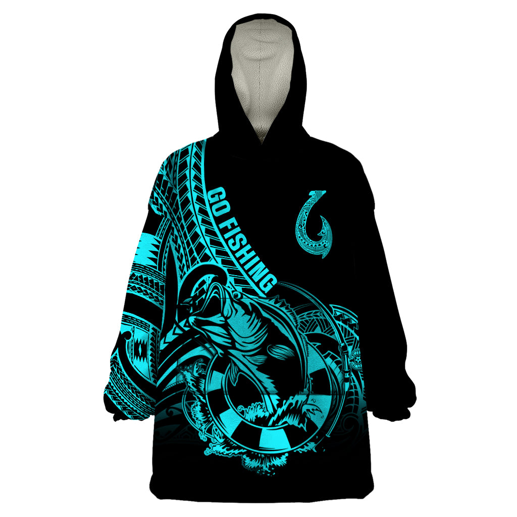 Polynesia Wearable Blanket Hoodie Fish Hook Tattoo Go Fishing Polynesian Pattern Turquosie - Wonder Print Shop