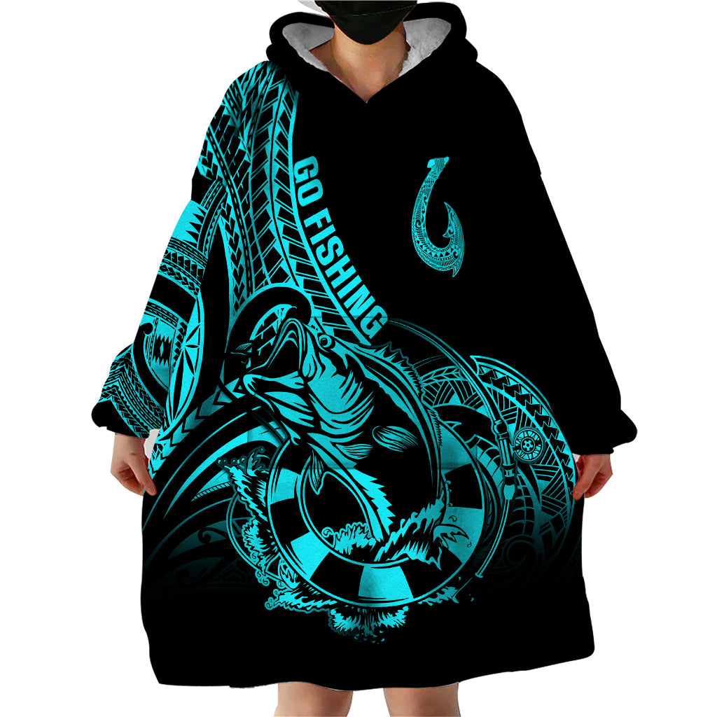 Polynesia Wearable Blanket Hoodie Fish Hook Tattoo Go Fishing Polynesian Pattern Turquosie - Wonder Print Shop