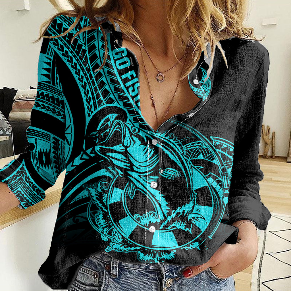 Polynesia Women Casual Shirt Fish Hook Tattoo Go Fishing Polynesian Pattern Turquosie - Wonder Print Shop
