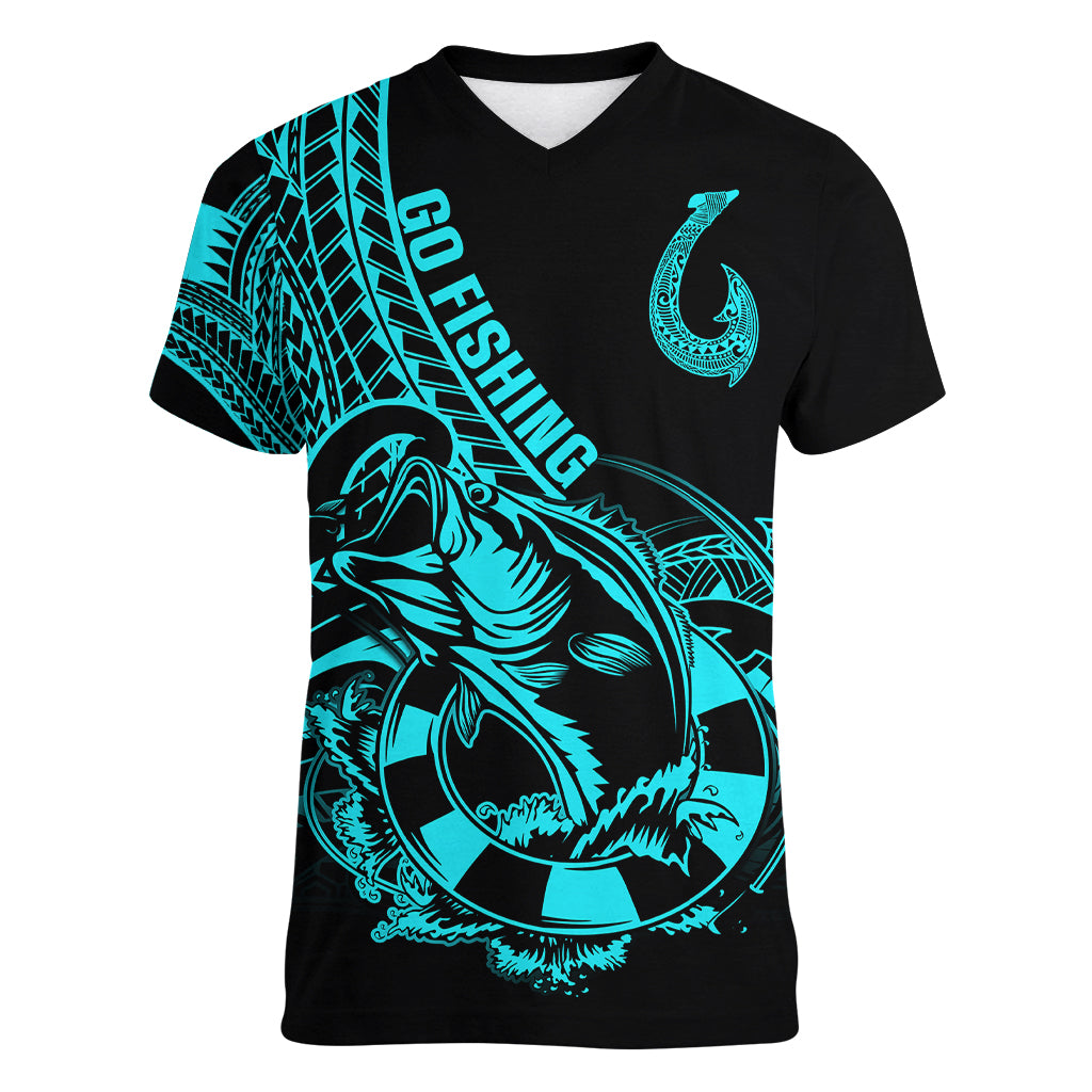 Polynesia Women V Neck T Shirt Fish Hook Tattoo Go Fishing Polynesian Pattern Turquosie - Wonder Print Shop