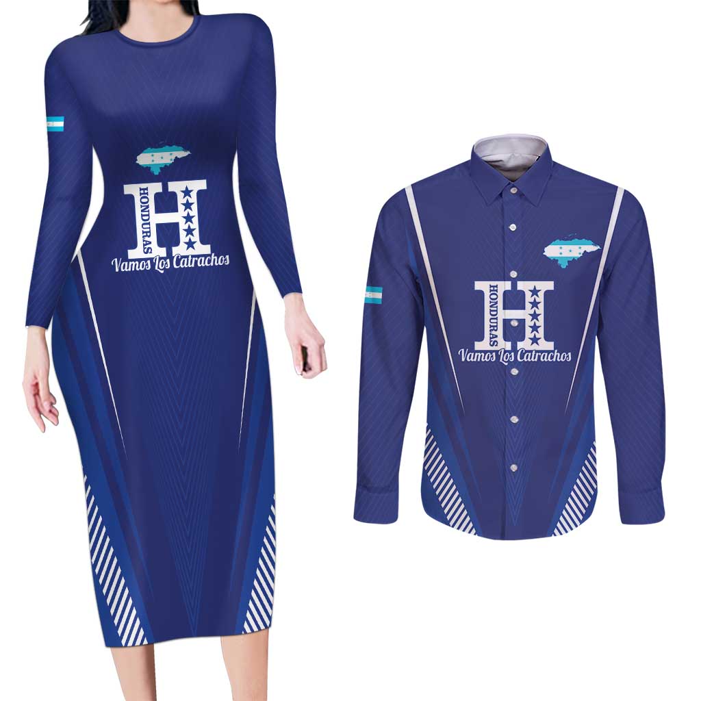 Honduras Football Custom Couples Matching Long Sleeve Bodycon Dress and Long Sleeve Button Shirt Los Catrachos Map Sporty Style - Wonder Print Shop