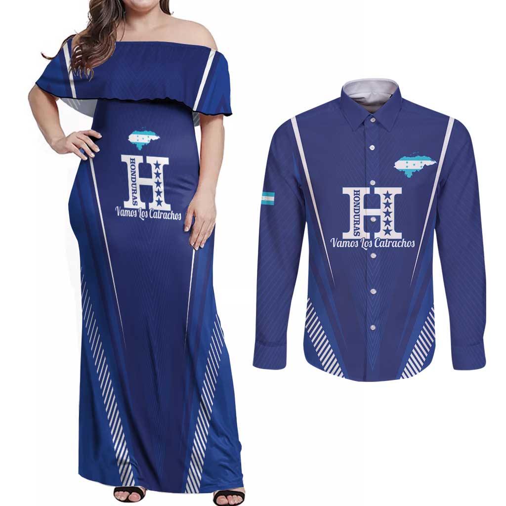 Honduras Football Custom Couples Matching Off Shoulder Maxi Dress and Long Sleeve Button Shirt Los Catrachos Map Sporty Style - Wonder Print Shop
