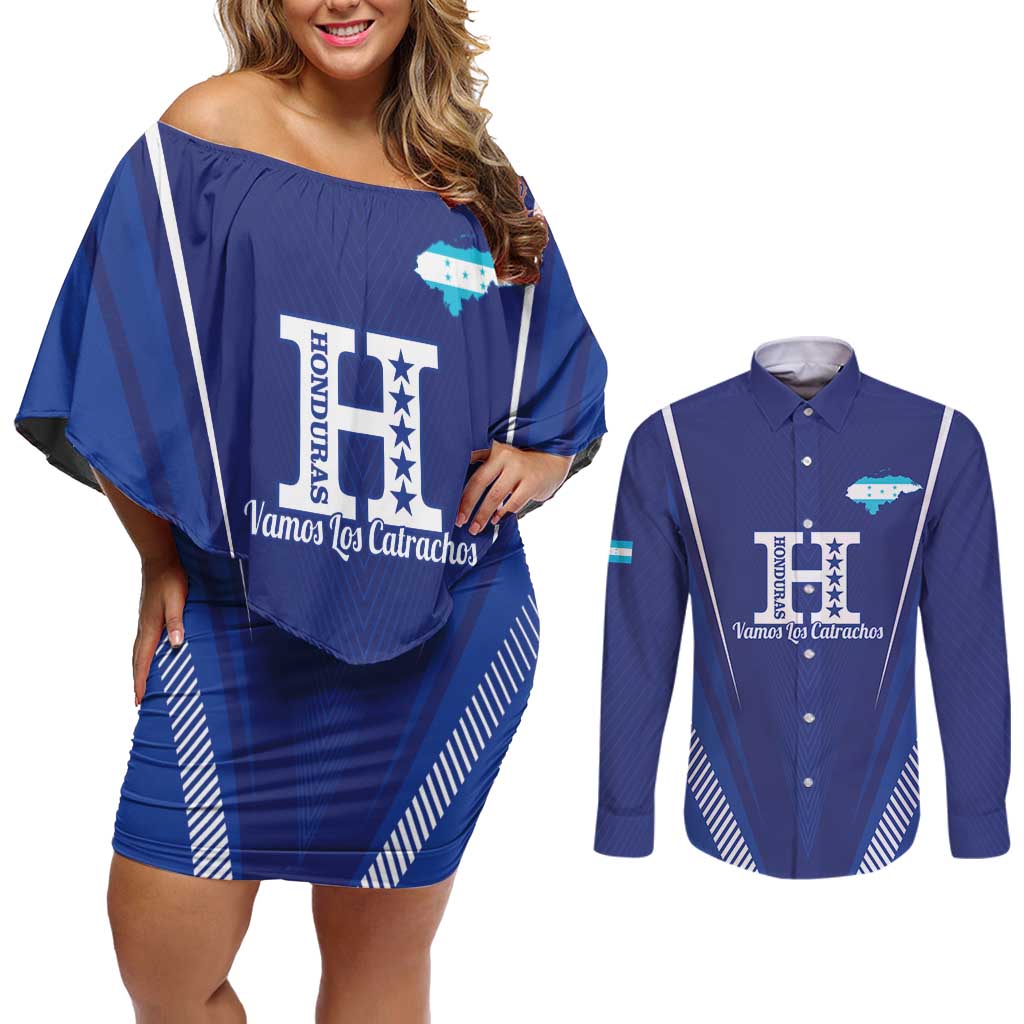 Honduras Football Custom Couples Matching Off Shoulder Short Dress and Long Sleeve Button Shirt Los Catrachos Map Sporty Style - Wonder Print Shop