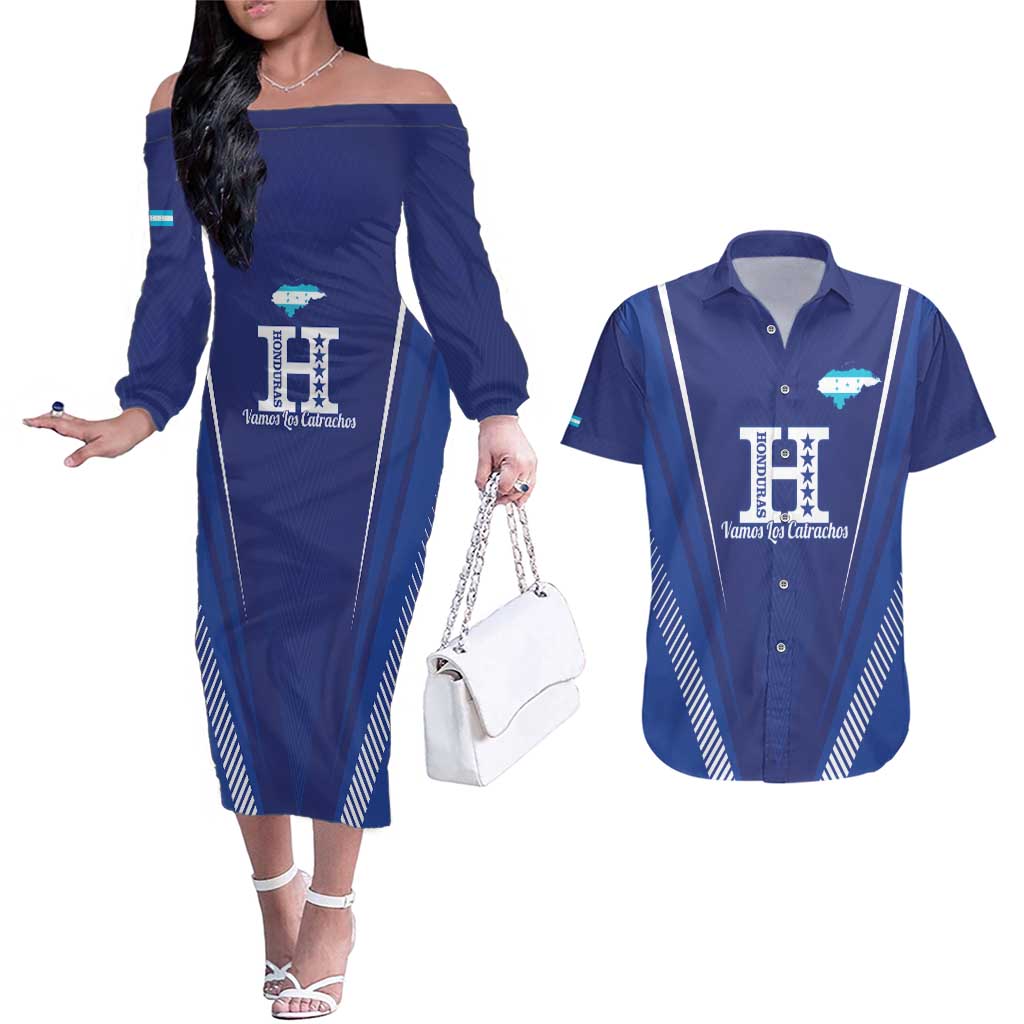 Honduras Football Custom Couples Matching Off The Shoulder Long Sleeve Dress and Hawaiian Shirt Los Catrachos Map Sporty Style - Wonder Print Shop