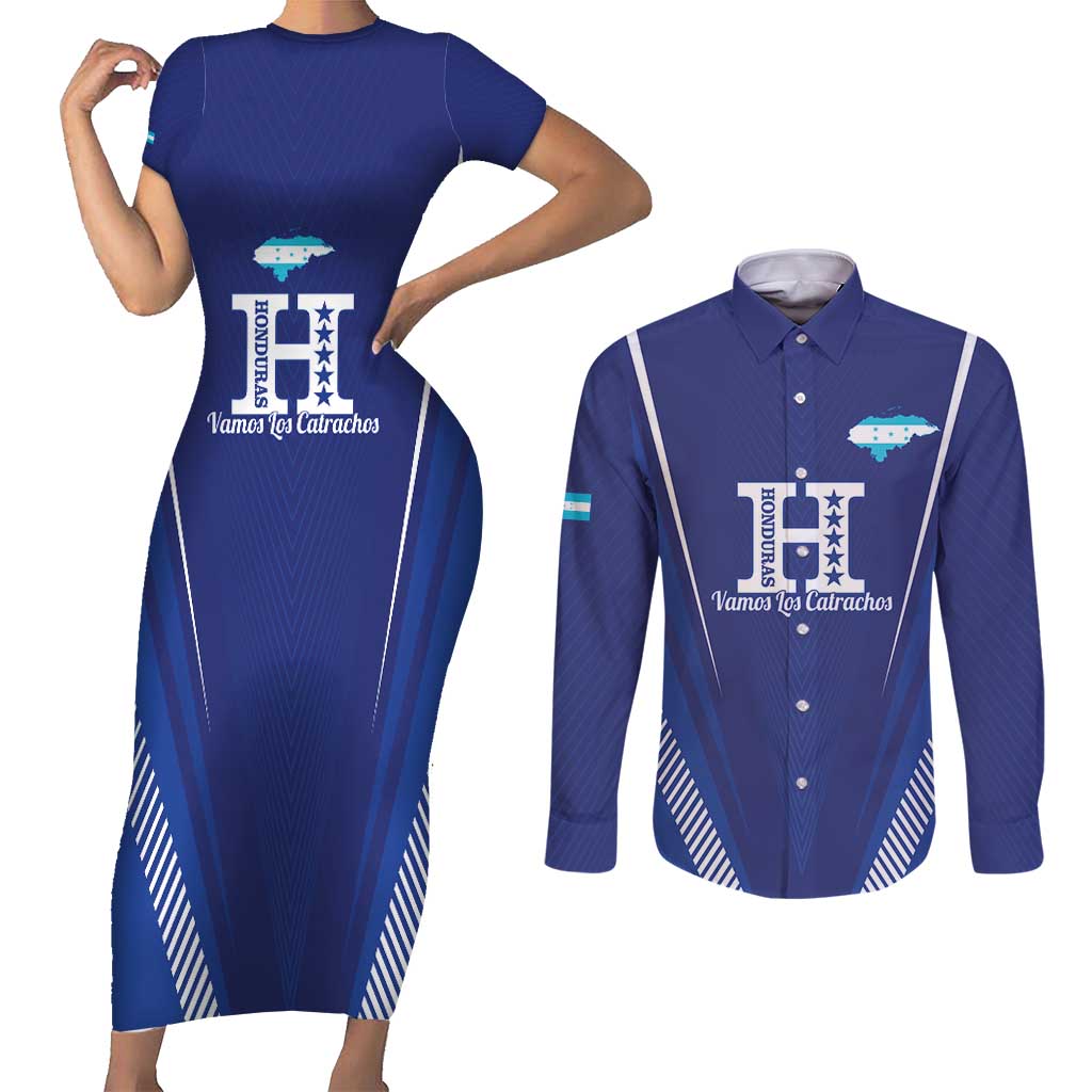 Honduras Football Custom Couples Matching Short Sleeve Bodycon Dress and Long Sleeve Button Shirt Los Catrachos Map Sporty Style - Wonder Print Shop