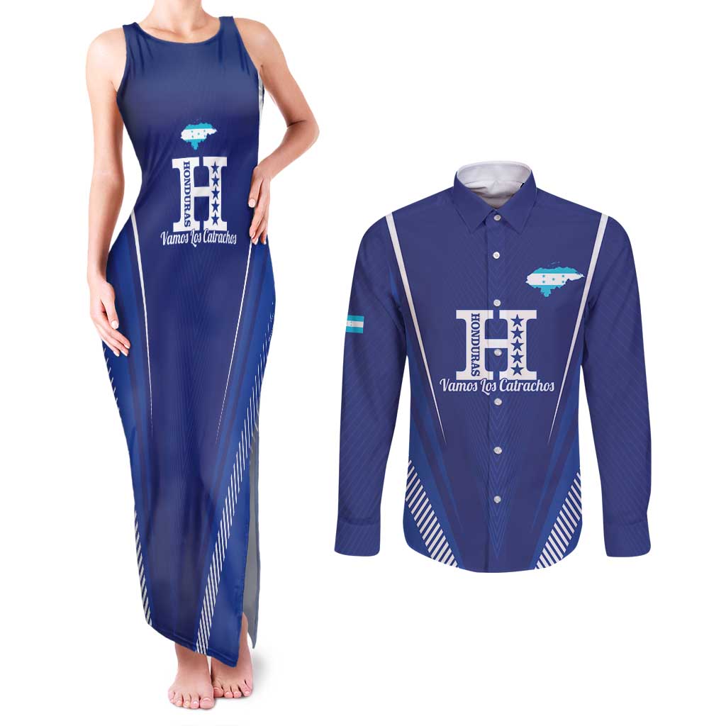 Honduras Football Custom Couples Matching Tank Maxi Dress and Long Sleeve Button Shirt Los Catrachos Map Sporty Style - Wonder Print Shop