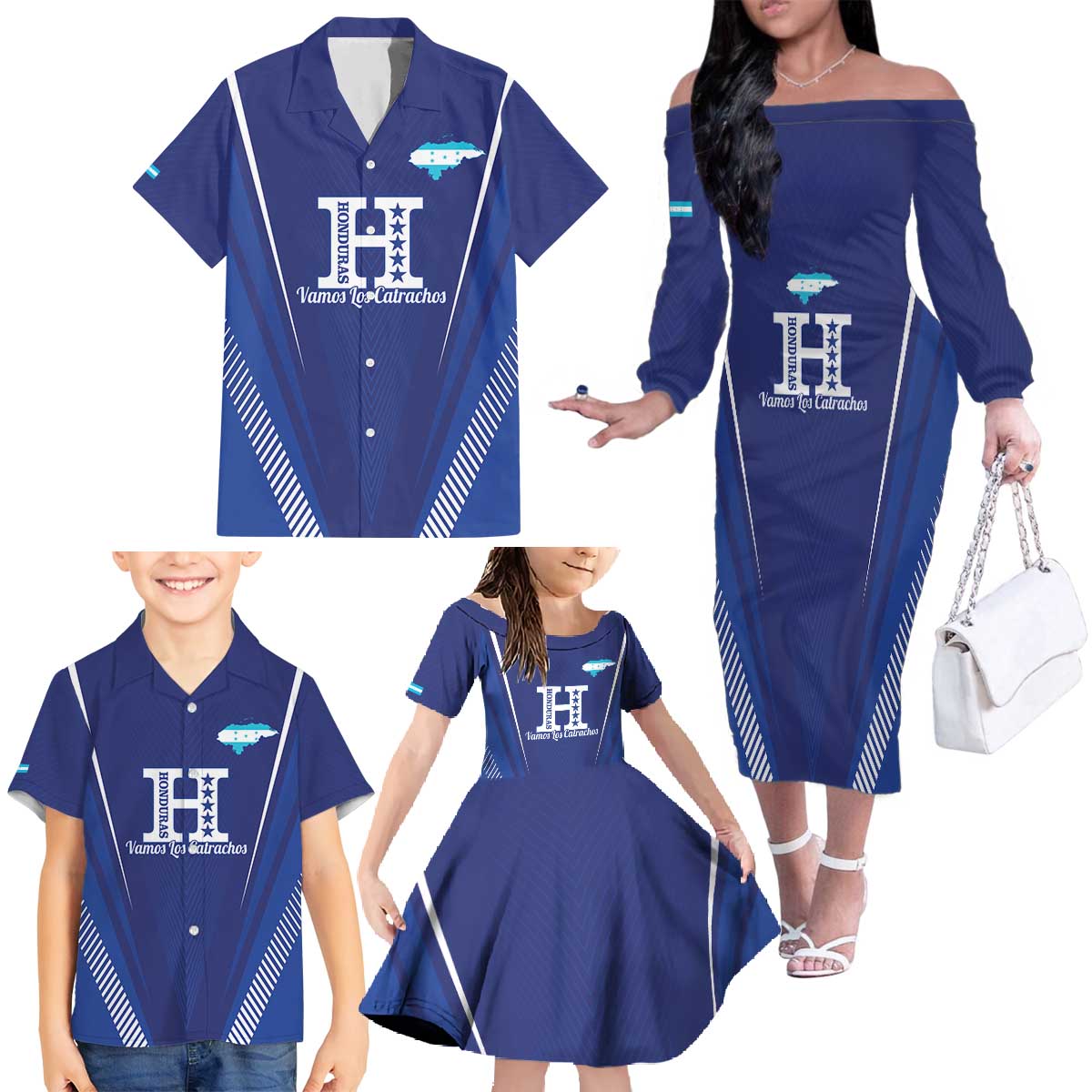 Honduras Football Custom Family Matching Off The Shoulder Long Sleeve Dress and Hawaiian Shirt Los Catrachos Map Sporty Style - Wonder Print Shop