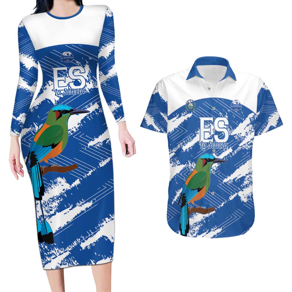 El Salvador Football Custom Couples Matching Long Sleeve Bodycon Dress and Hawaiian Shirt La Selecta Torogoz Grunge Style - Wonder Print Shop