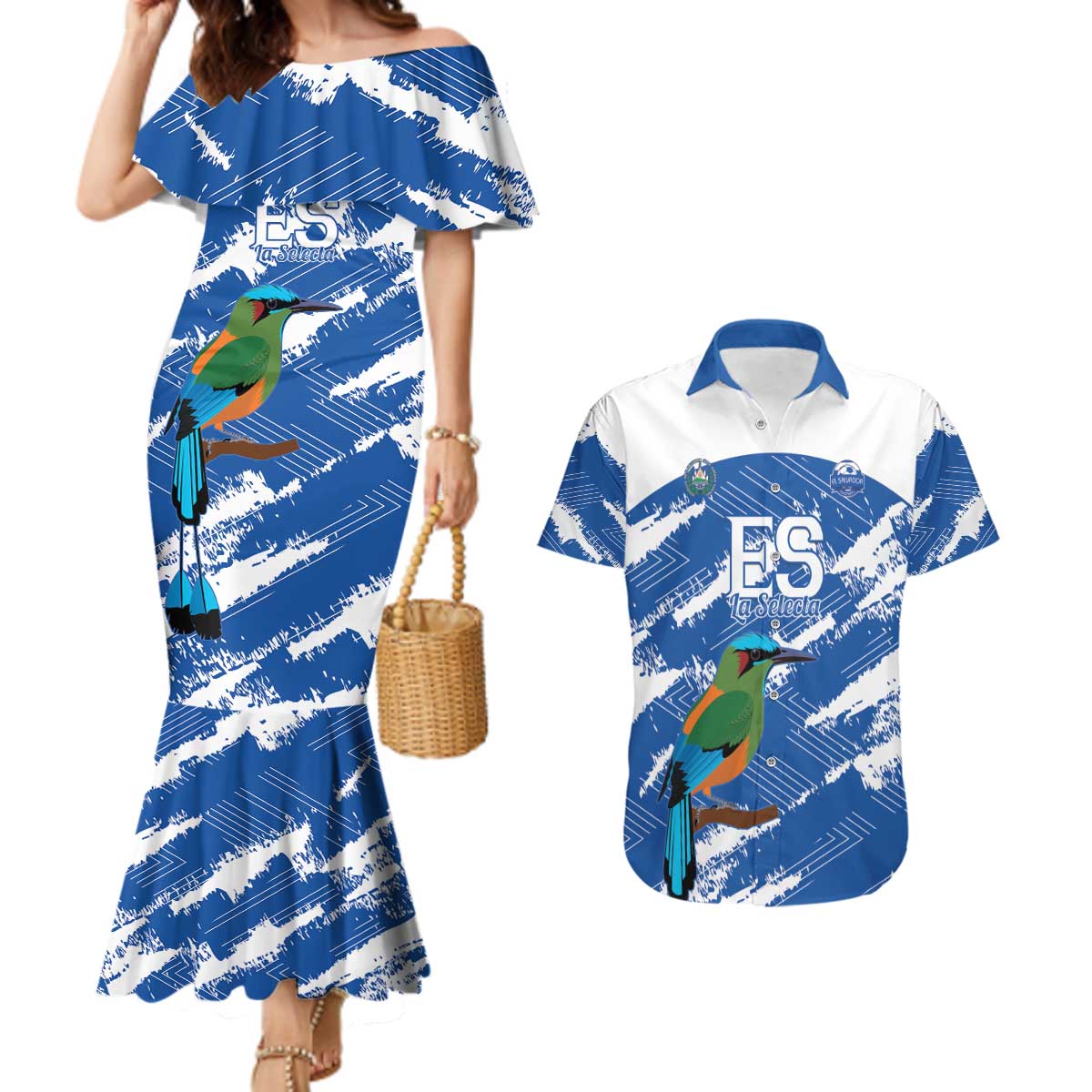 El Salvador Football Custom Couples Matching Mermaid Dress and Hawaiian Shirt La Selecta Torogoz Grunge Style - Wonder Print Shop