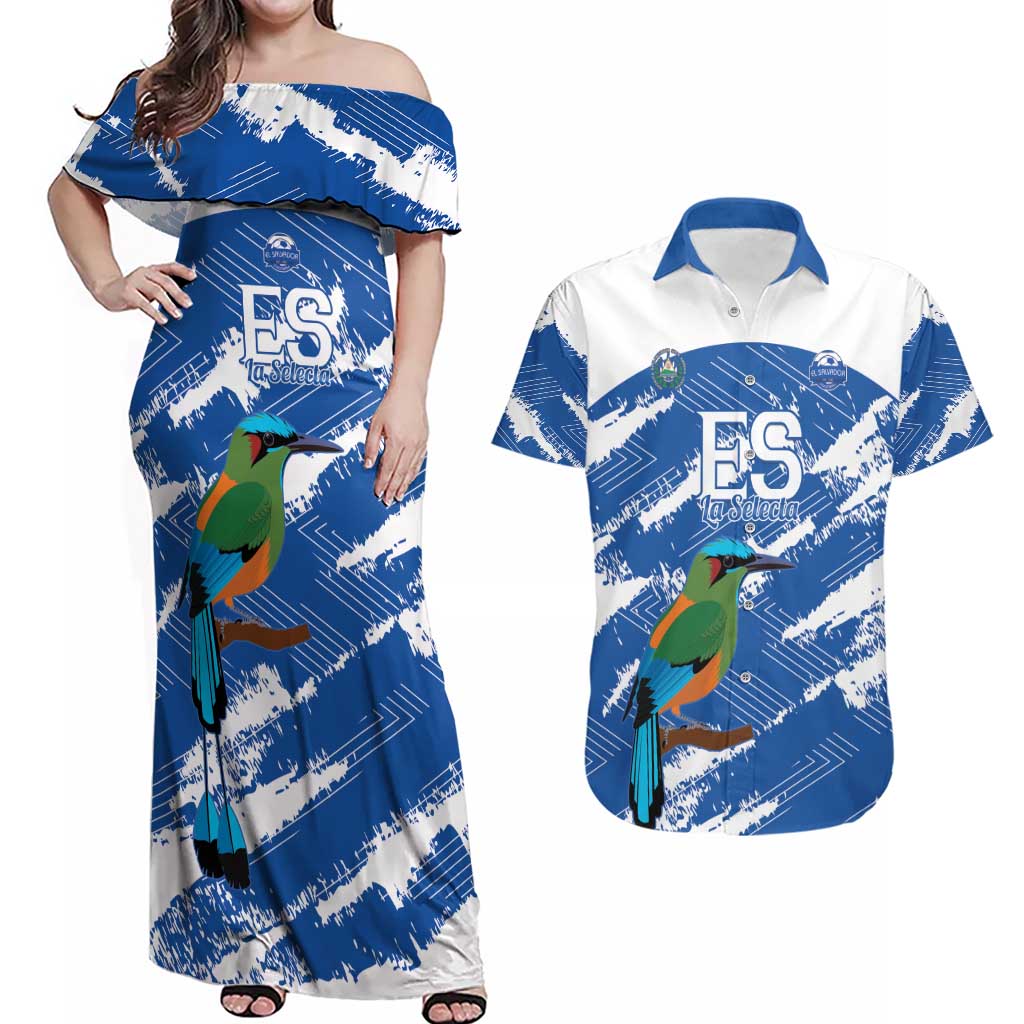 El Salvador Football Custom Couples Matching Off Shoulder Maxi Dress and Hawaiian Shirt La Selecta Torogoz Grunge Style - Wonder Print Shop