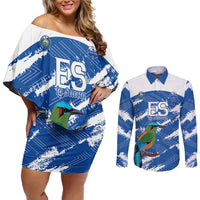 El Salvador Football Custom Couples Matching Off Shoulder Short Dress and Long Sleeve Button Shirt La Selecta Torogoz Grunge Style - Wonder Print Shop