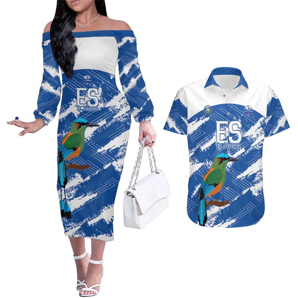 El Salvador Football Custom Couples Matching Off The Shoulder Long Sleeve Dress and Hawaiian Shirt La Selecta Torogoz Grunge Style - Wonder Print Shop