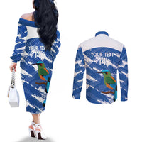 El Salvador Football Custom Couples Matching Off The Shoulder Long Sleeve Dress and Long Sleeve Button Shirt La Selecta Torogoz Grunge Style - Wonder Print Shop