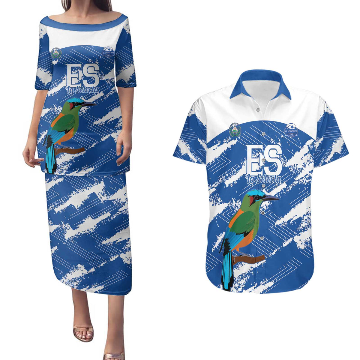 El Salvador Football Custom Couples Matching Puletasi and Hawaiian Shirt La Selecta Torogoz Grunge Style - Wonder Print Shop