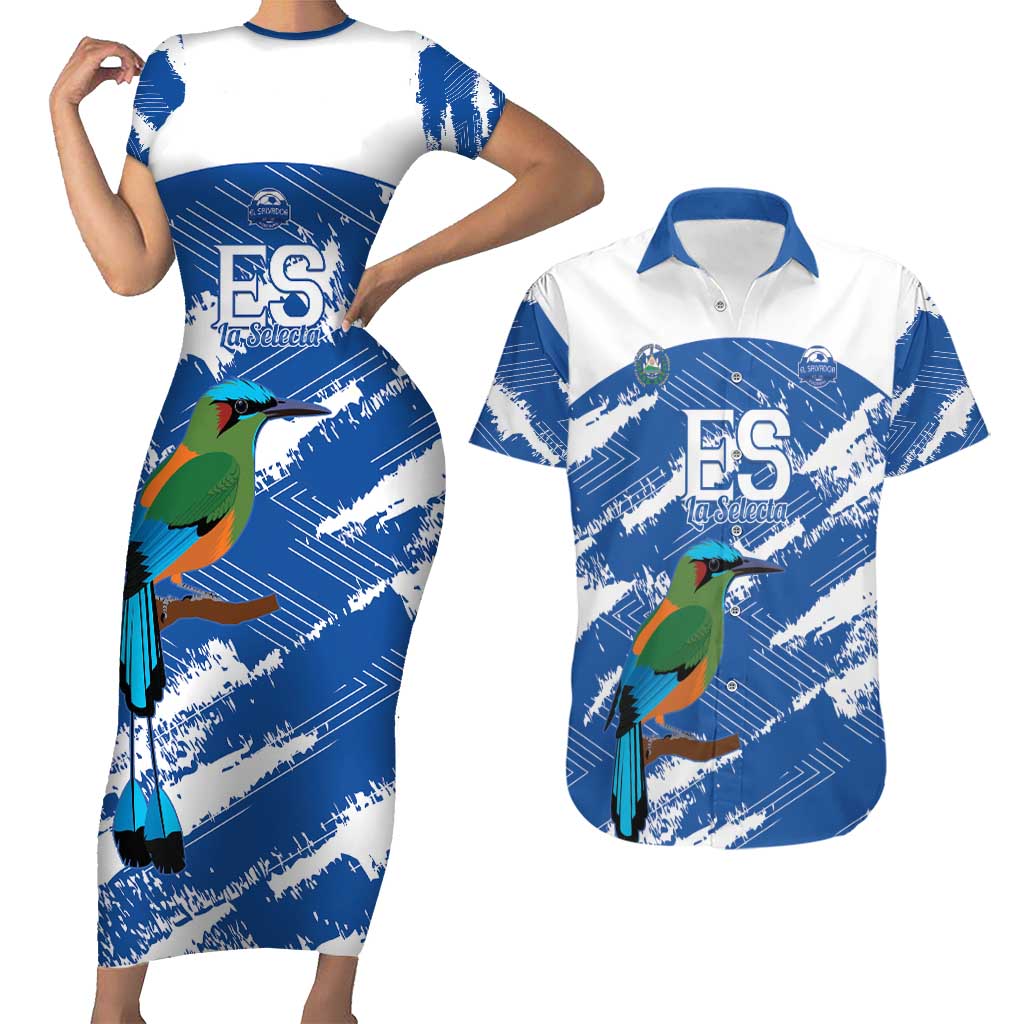 El Salvador Football Custom Couples Matching Short Sleeve Bodycon Dress and Hawaiian Shirt La Selecta Torogoz Grunge Style - Wonder Print Shop