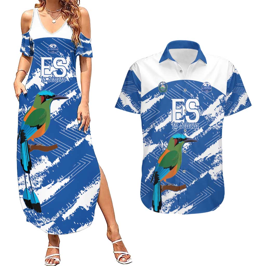 El Salvador Football Custom Couples Matching Summer Maxi Dress and Hawaiian Shirt La Selecta Torogoz Grunge Style - Wonder Print Shop