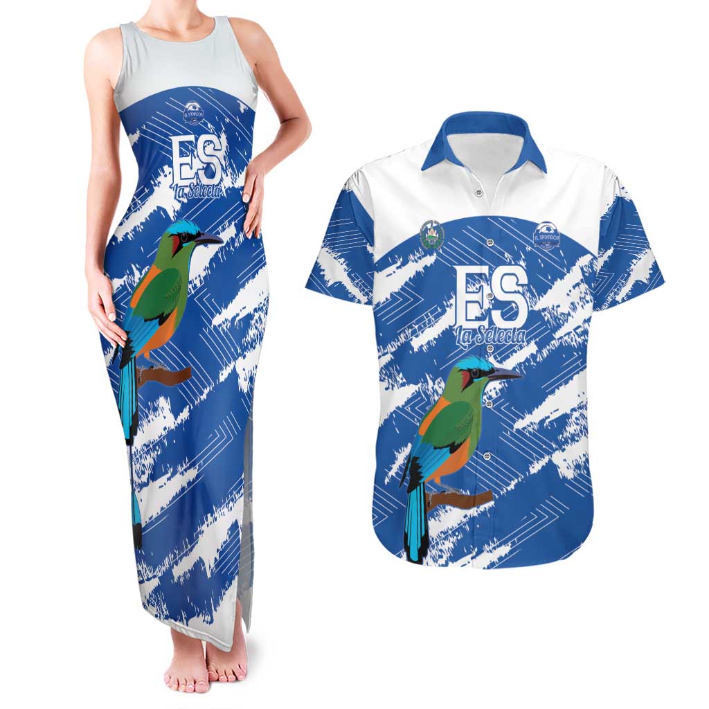 El Salvador Football Custom Couples Matching Tank Maxi Dress and Hawaiian Shirt La Selecta Torogoz Grunge Style - Wonder Print Shop
