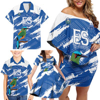 El Salvador Football Custom Family Matching Off Shoulder Short Dress and Hawaiian Shirt La Selecta Torogoz Grunge Style - Wonder Print Shop