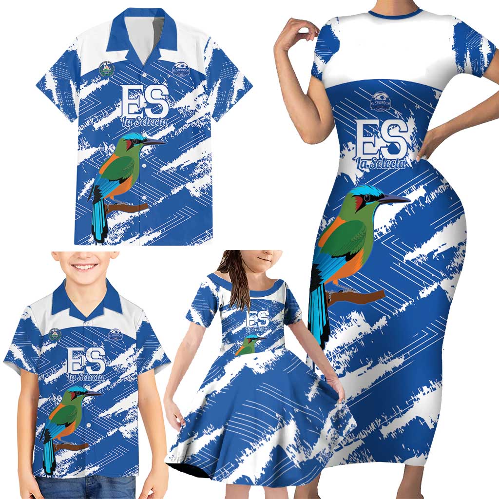 El Salvador Football Custom Family Matching Short Sleeve Bodycon Dress and Hawaiian Shirt La Selecta Torogoz Grunge Style - Wonder Print Shop