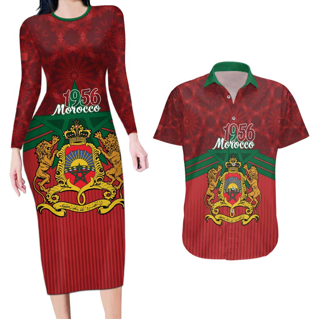 Personalized Morocco Independence Day Couples Matching Long Sleeve Bodycon Dress and Hawaiian Shirt 1956 Proud Islamic Pattern - Wonder Print Shop