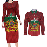 Personalized Morocco Independence Day Couples Matching Long Sleeve Bodycon Dress and Long Sleeve Button Shirt 1956 Proud Islamic Pattern - Wonder Print Shop