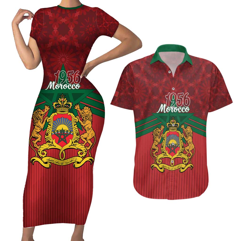 Personalized Morocco Independence Day Couples Matching Short Sleeve Bodycon Dress and Hawaiian Shirt 1956 Proud Islamic Pattern - Wonder Print Shop
