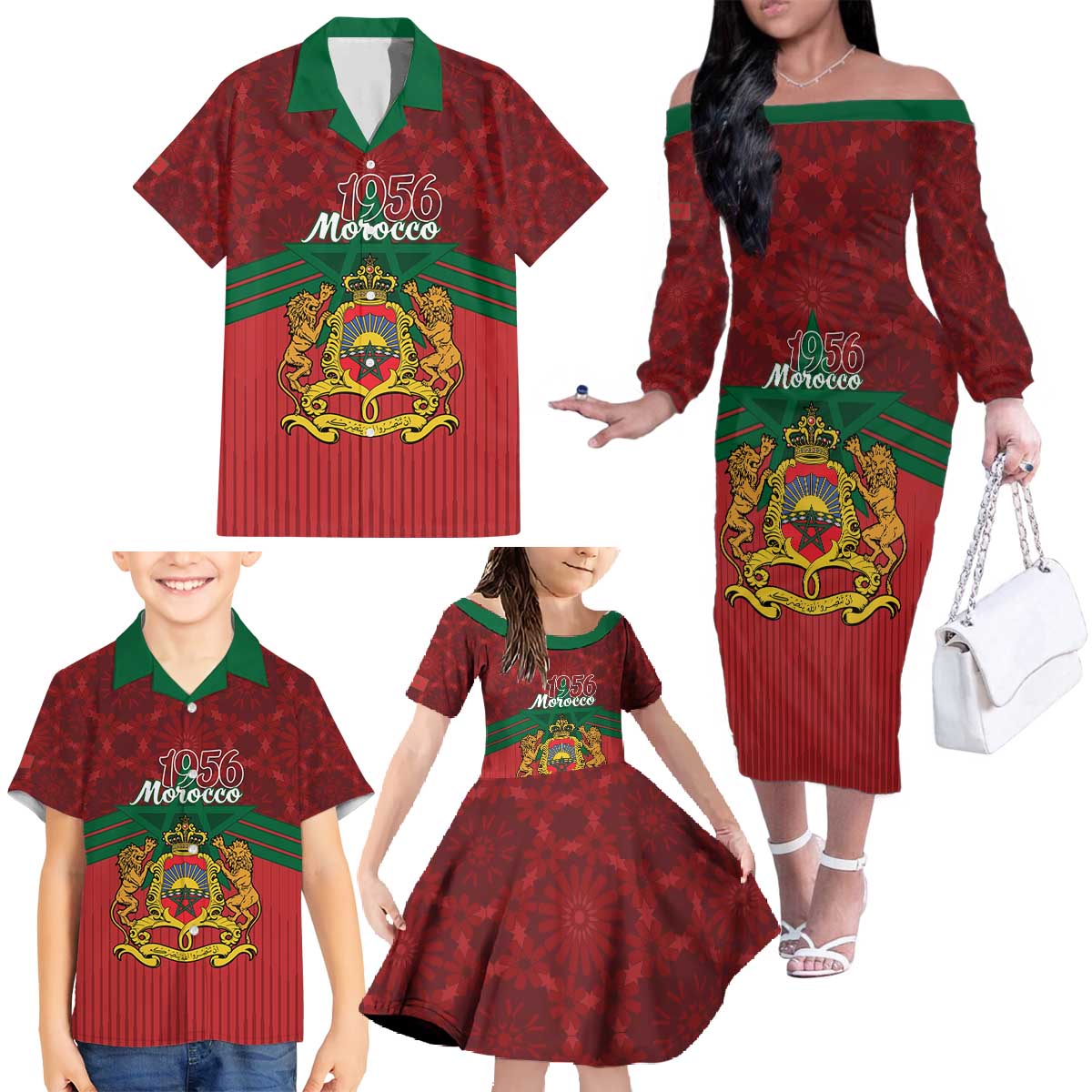 Personalized Morocco Independence Day Family Matching Off The Shoulder Long Sleeve Dress and Hawaiian Shirt 1956 Proud Islamic Pattern - Wonder Print Shop