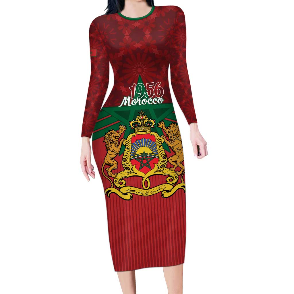 Personalized Morocco Independence Day Long Sleeve Bodycon Dress 1956 Proud Islamic Pattern - Wonder Print Shop