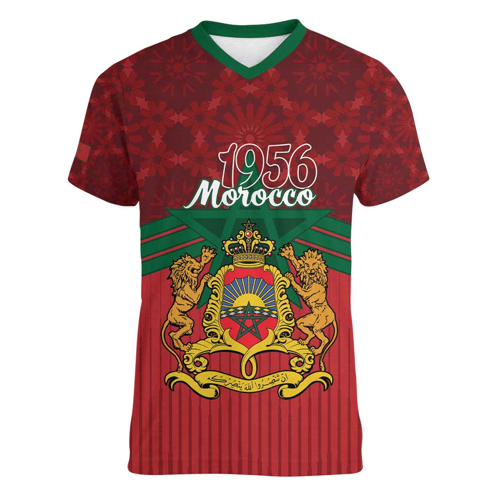 Personalized Morocco Independence Day Women V-Neck T-Shirt 1956 Proud Islamic Pattern - Wonder Print Shop