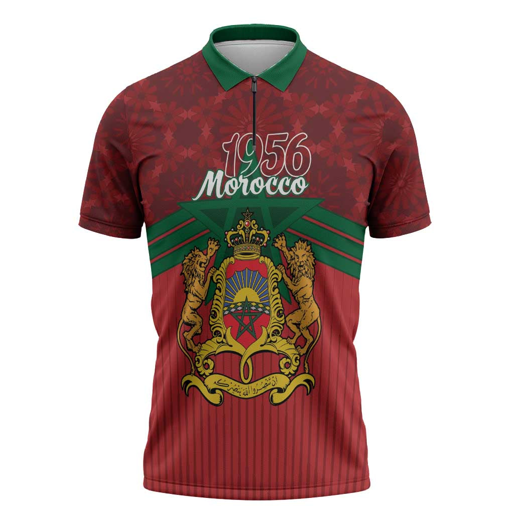 Personalized Morocco Independence Day Zipper Polo Shirt 1956 Proud Islamic Pattern - Wonder Print Shop