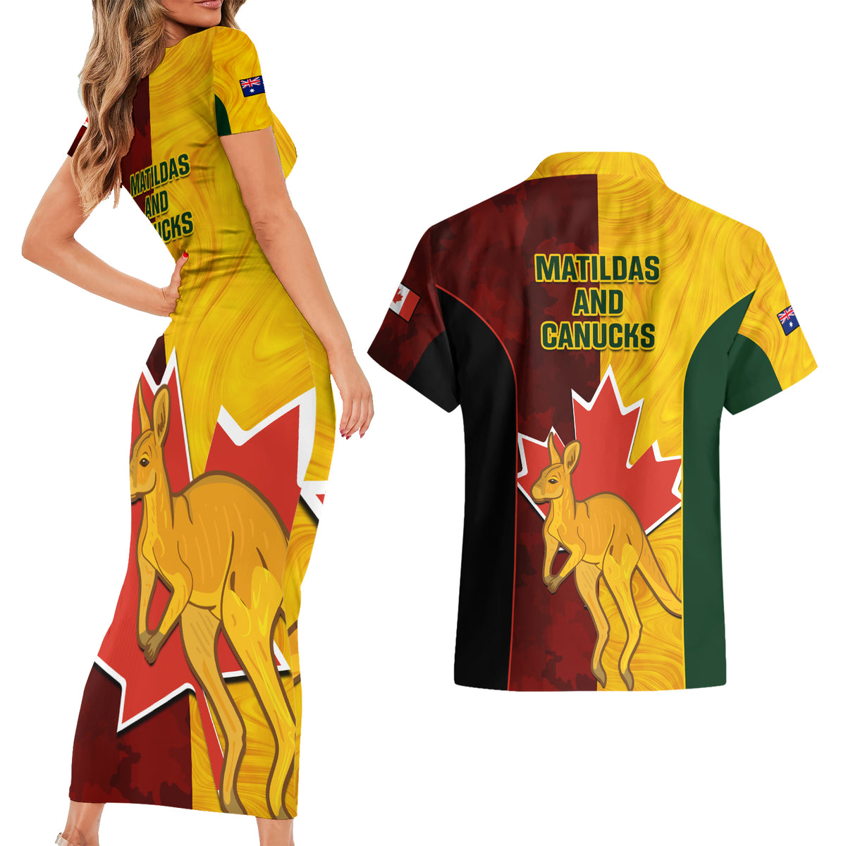 Australia And Canada Soccer Couples Matching Short Sleeve Bodycon Dress and Hawaiian Shirt Matildas Combine Canucks Together - Wonder Print Shop