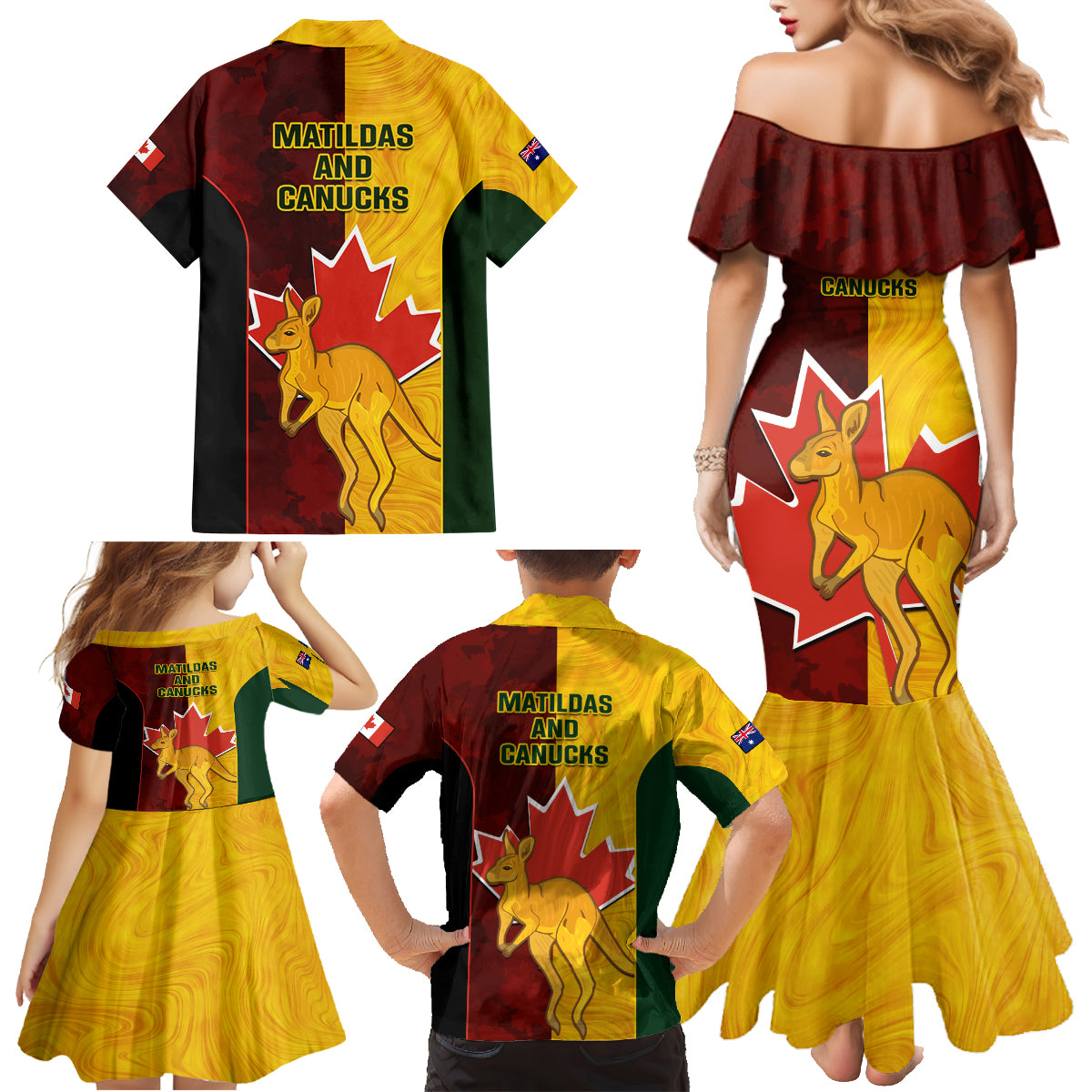 Australia And Canada Soccer Family Matching Mermaid Dress and Hawaiian Shirt Matildas Combine Canucks Together - Wonder Print Shop