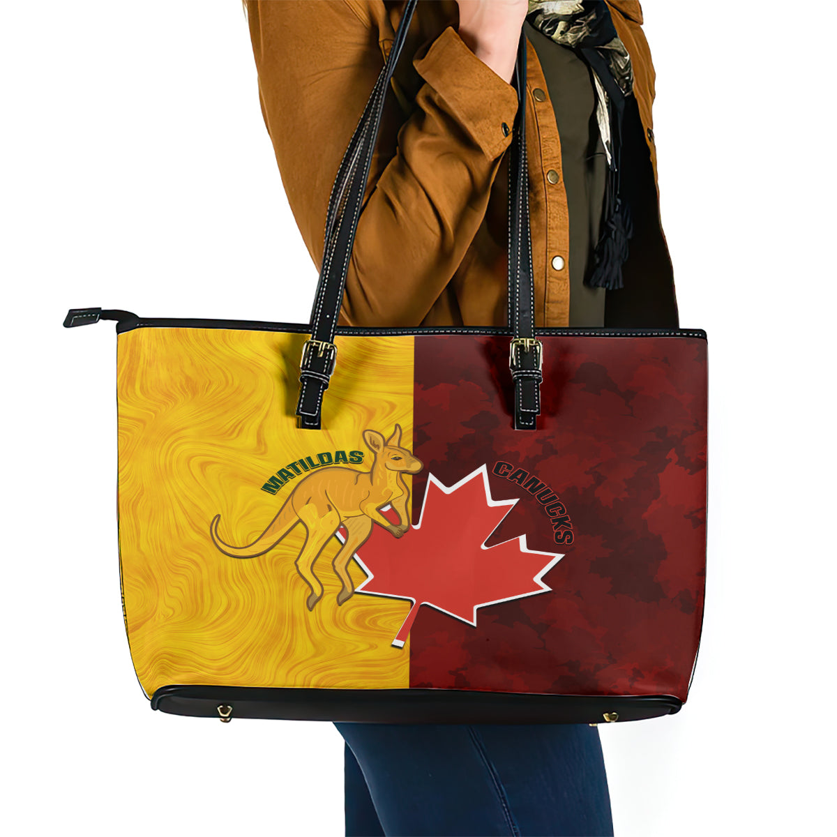 Australia And Canada Soccer Leather Tote Bag Matildas Combine Canucks Together - Wonder Print Shop