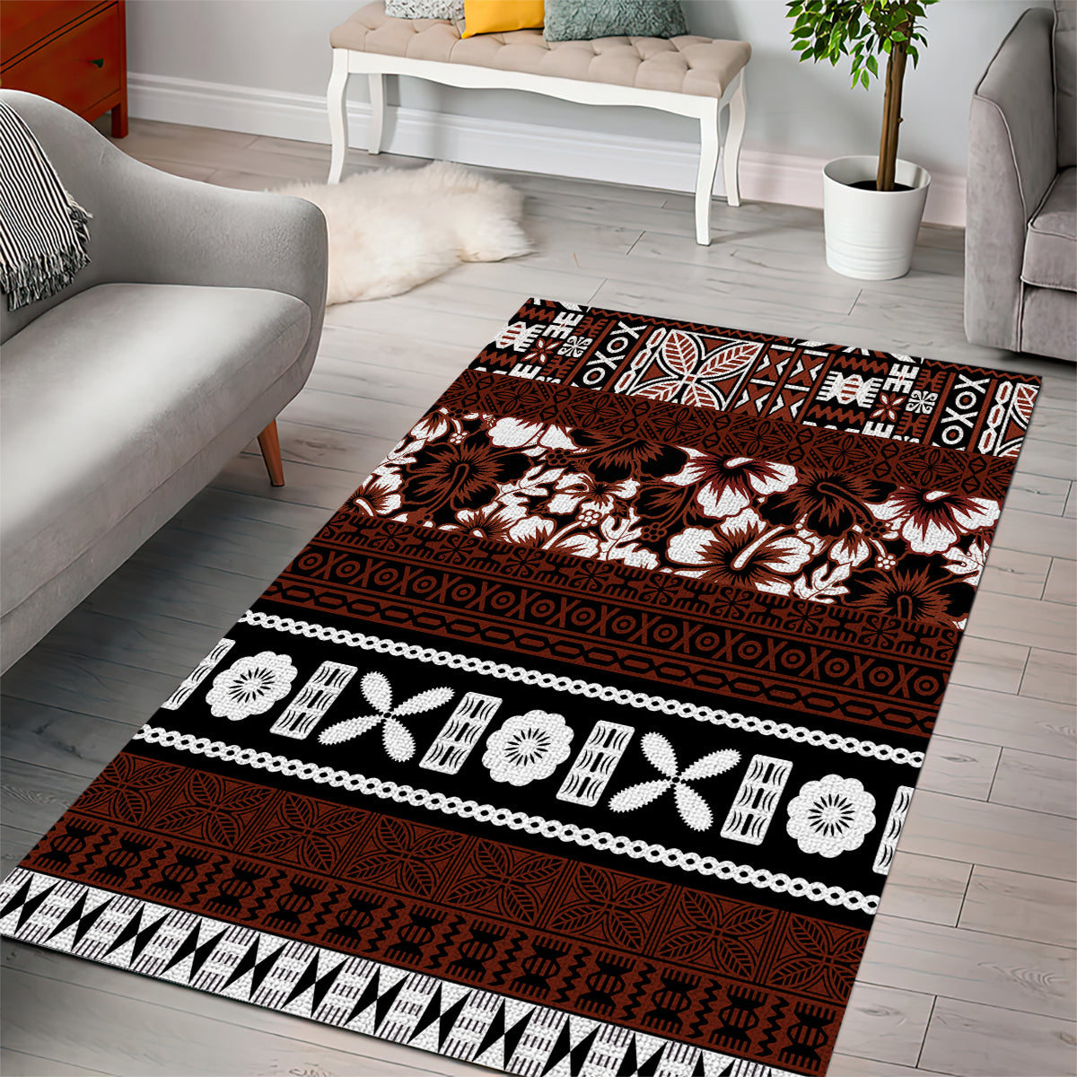 Bula Fiji Area Rug Fijian Tapa Masi With Hibiscus Flowers - Wonder Print Shop