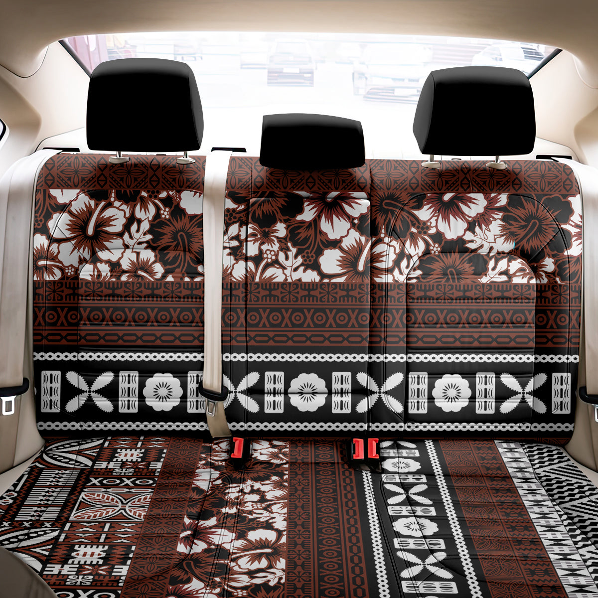 Bula Fiji Back Car Seat Cover Fijian Tapa Masi With Hibiscus Flowers - Wonder Print Shop