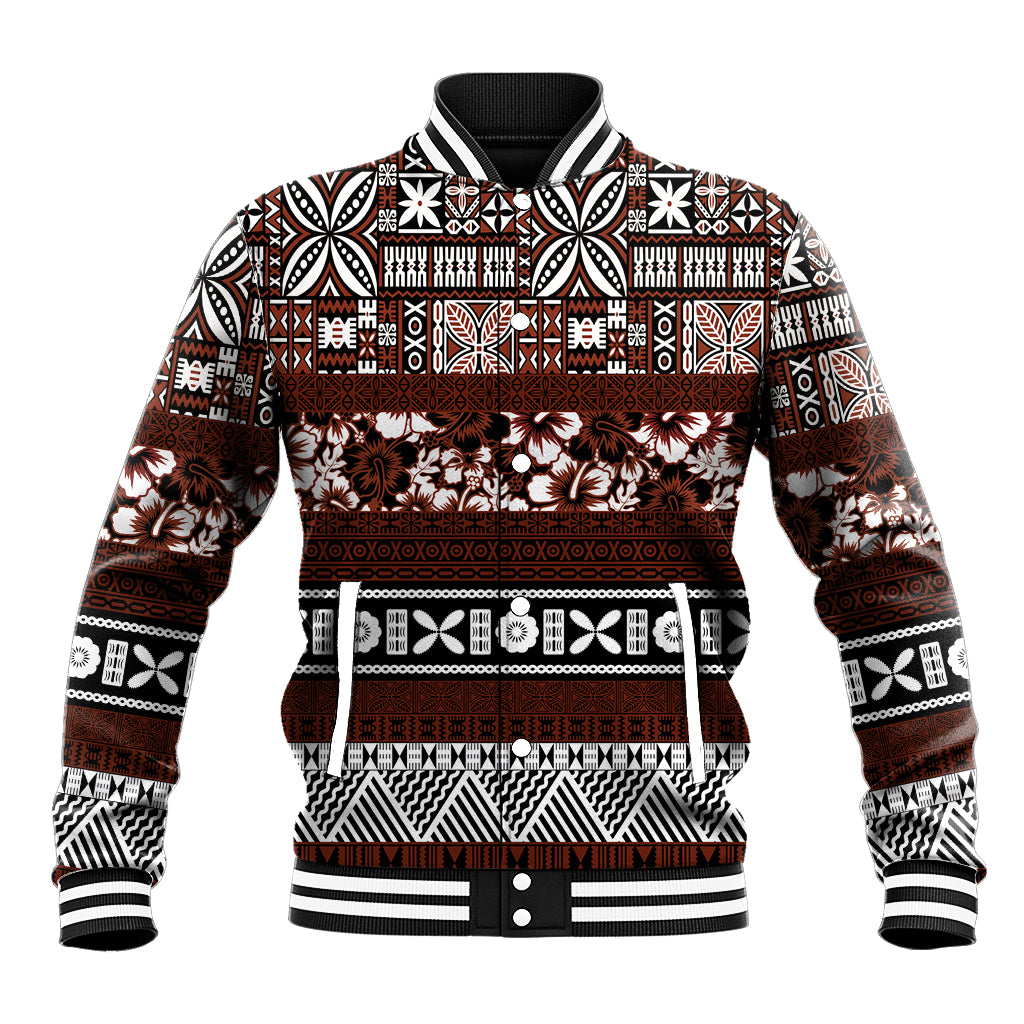 Bula Fiji Baseball Jacket Fijian Tapa Masi With Hibiscus Flowers - Wonder Print Shop