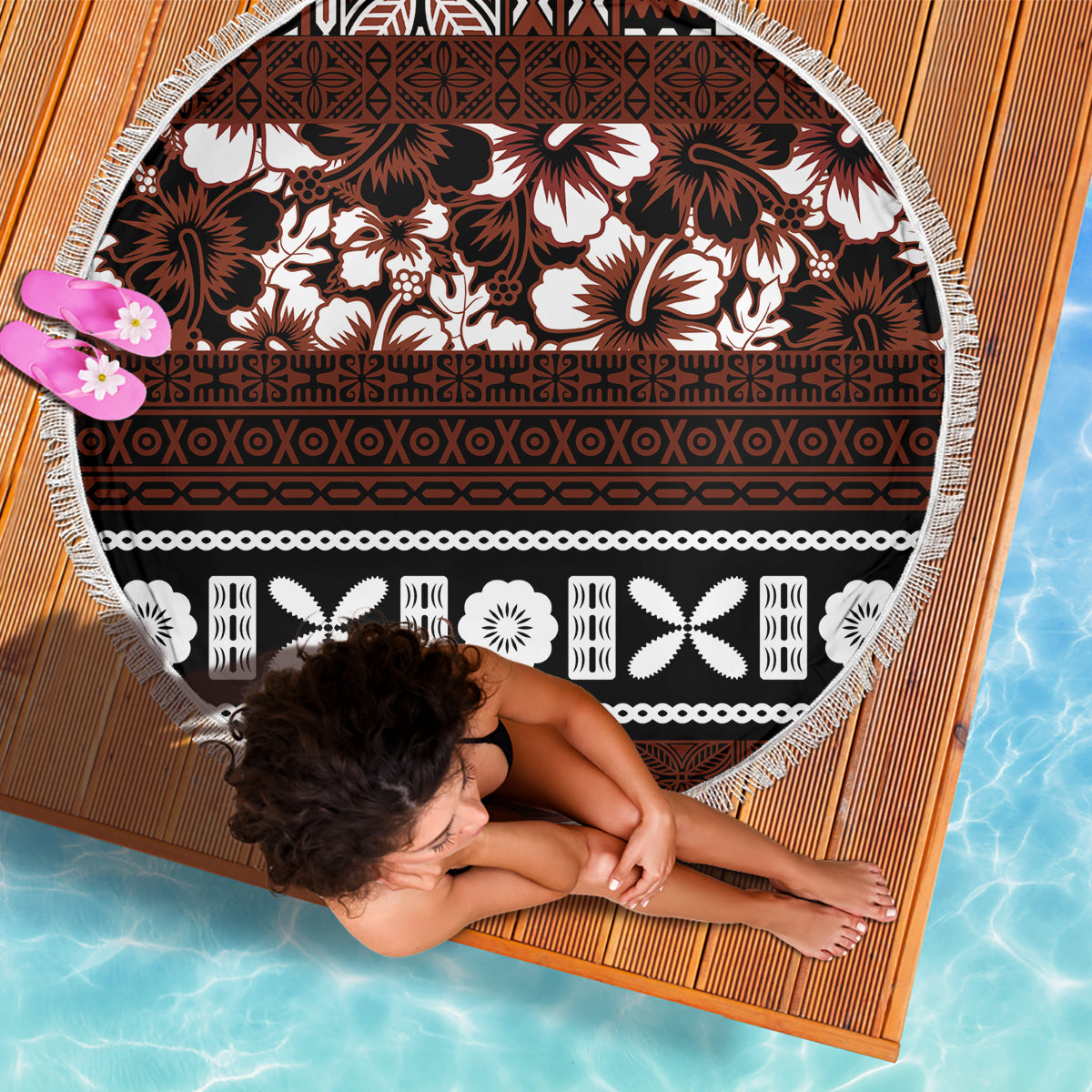 Bula Fiji Beach Blanket Fijian Tapa Masi With Hibiscus Flowers - Wonder Print Shop